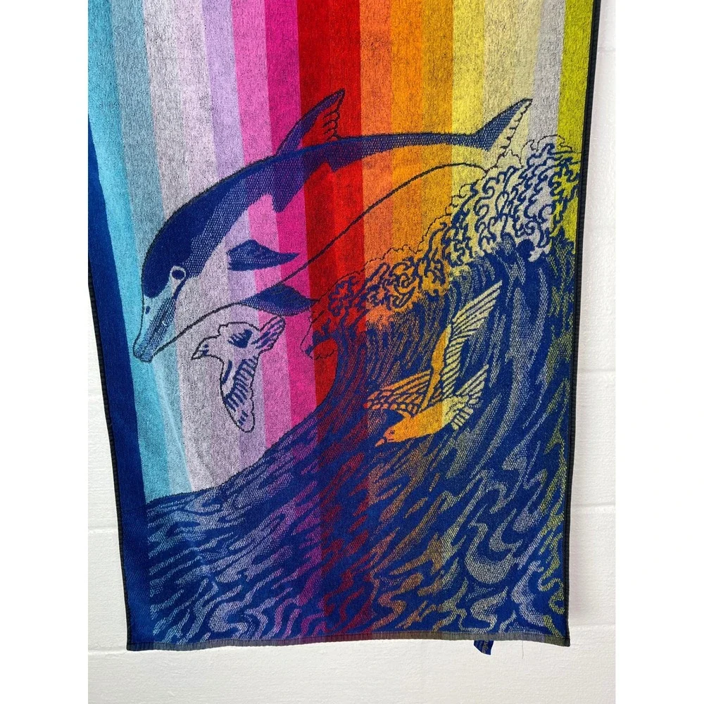 Vintage Brasilia Rainbow Dolphin Beach Towel Cotton Made in Brazil Ocean Waves
